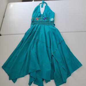Fairy Boho Halter Dress Womens Small Teal Embroidered Crochet Handkerchief Hem